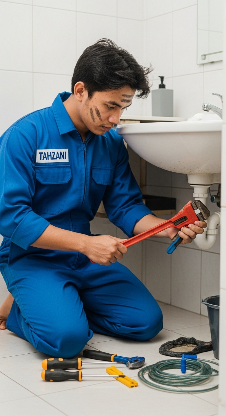 Teknisi Tahzani memperbaiki pipa kamar mandi