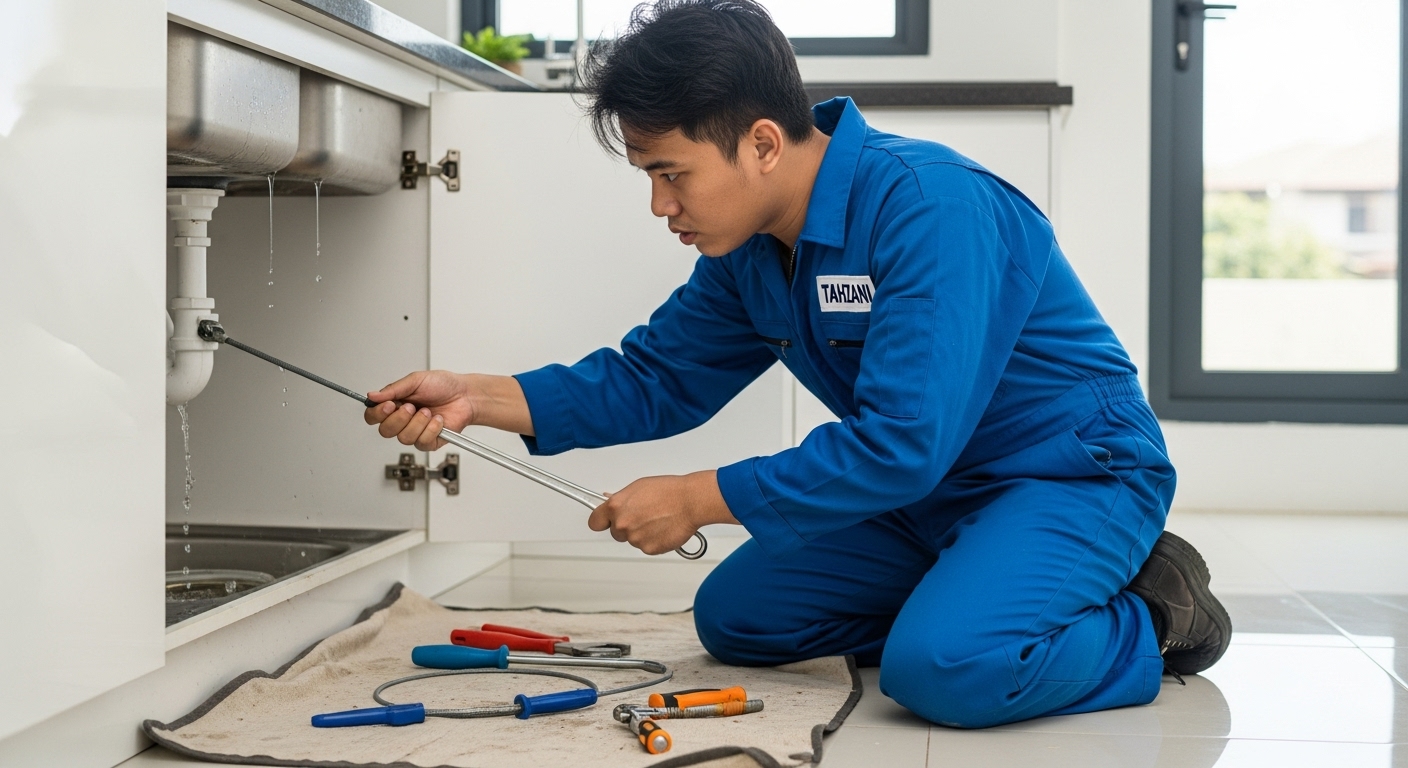 Teknisi Tahzani membersihkan pipa dapur