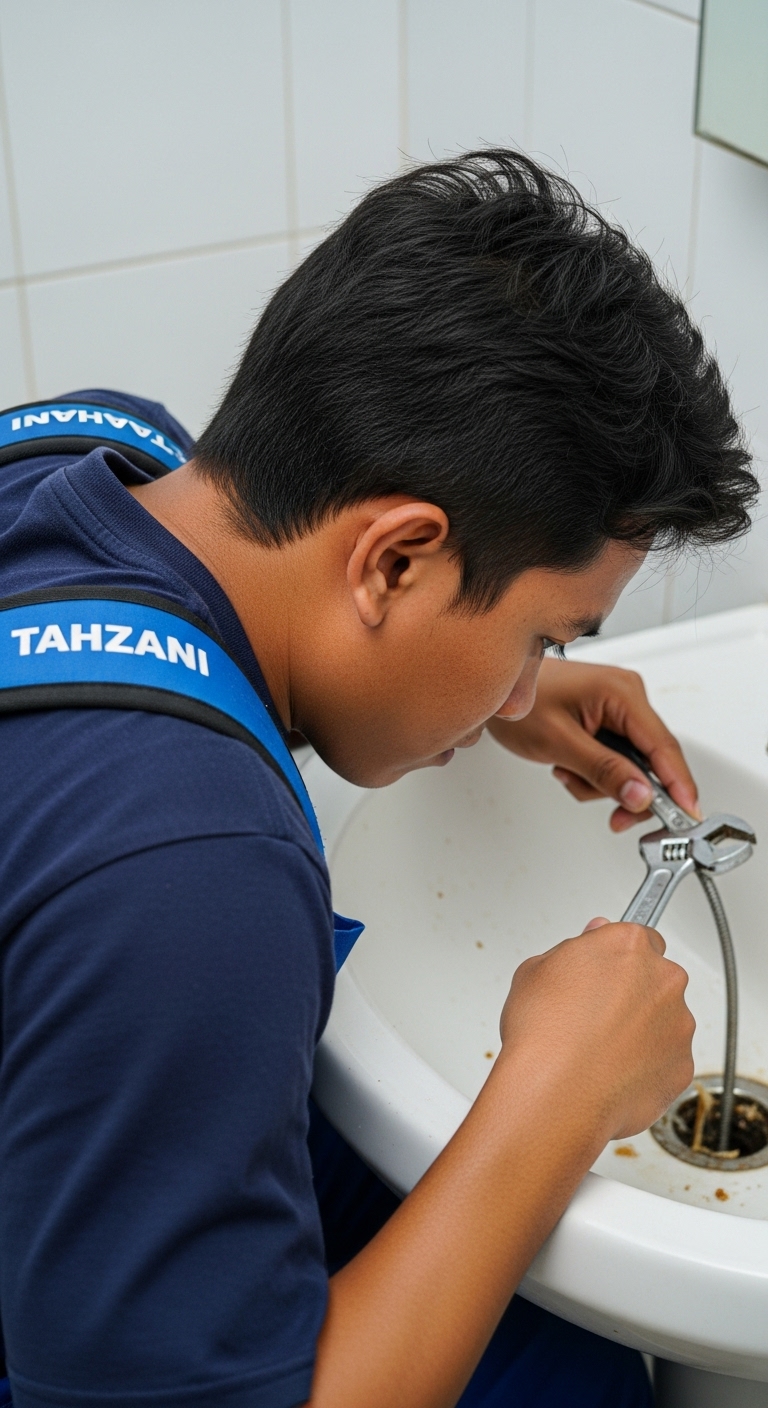 Teknisi Tahzani membersihkan saluran wastafel